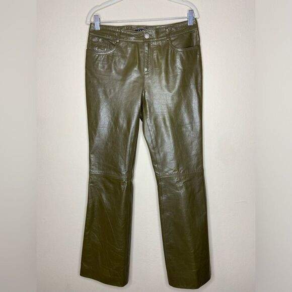 Theory Leather Green Pants Straight Leg Size 6 - Picture 7 of 10